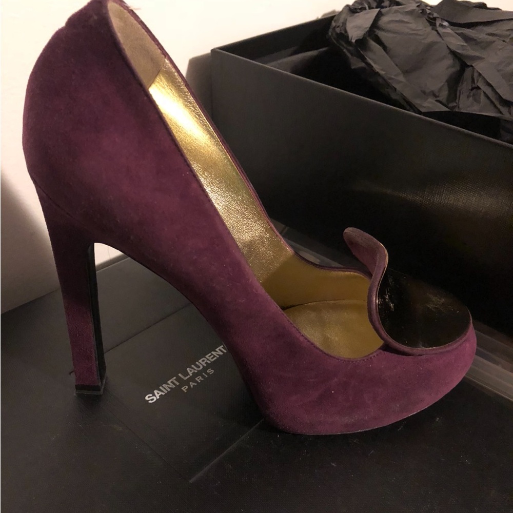 Saint Laurent Dark Purple Heels with Gold Accents